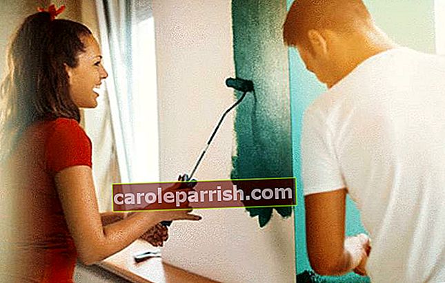 en kvinna målar en vägg med en rullning medan en man tittar på henne