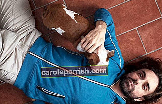 ผู้ชายที่มีลูกสุนัขอยู่ในอ้อมแขนของเขานอนอยู่บนพื้นกระเบื้อง